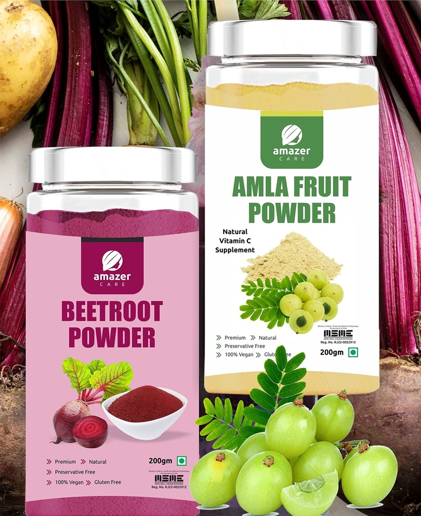 AmazerCare Amla & Beetroot Powder Combo (Dehydrated, 200gm Jar each) - Super Detox & Immune Booster Combo, Pure & Natural For Eating & Drink, For Healthy Liver, Full of Nutrients