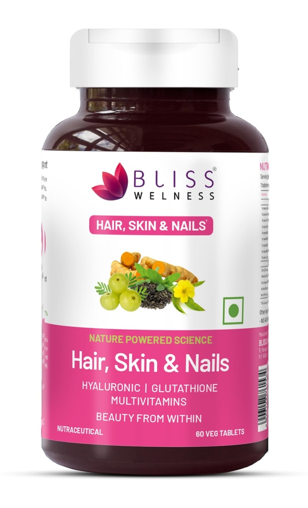 Bliss Welness Hair Skin Nails Multivitamins with Hyaluronic Acid Glutathione Biotin | Improved Hair Growth Stronger Nails Glowing Skin Collagen Supplement for Women & Men - 60 Vegetarian Tablets