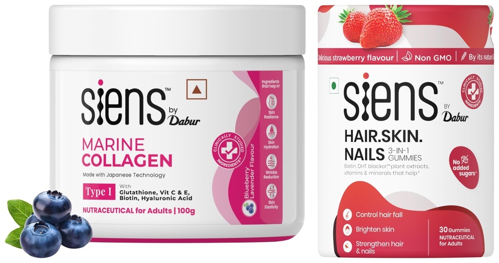 Siens By Dabur Hydrolyzed Marine Collagen- 100g and Hair, Skin & Nails (3 in 1 Gummies) - 30 pieces