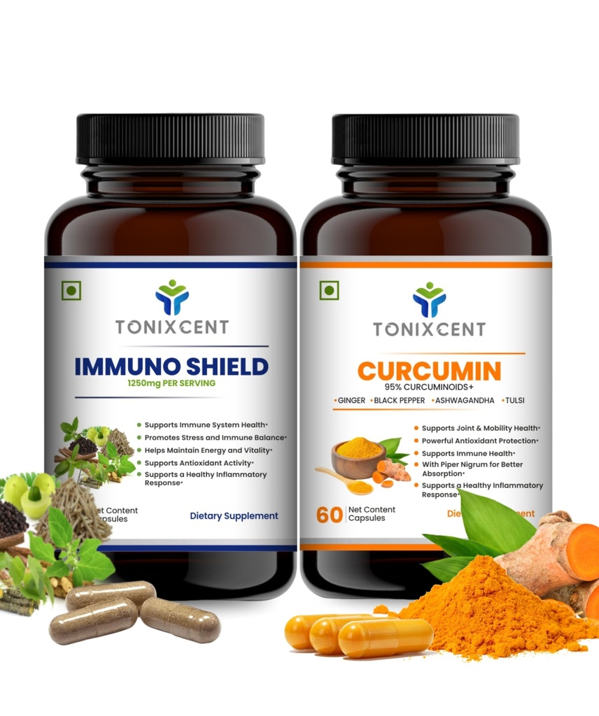 Immune Max Blend | ImmunoShield & Curcumin Capsules | Boosts Immunity, Reduces Inflammation & Supports Joints | 60+60 Vegan Capsules