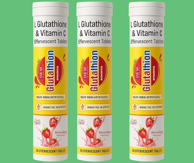 ENRISH L-Glutathione Effervescent Tablets 500mg with Vitamin C | Strawberry Flavour | Antioxidant & Immune Support | Sugar Free | 20 Tablets (Pack Of 3)