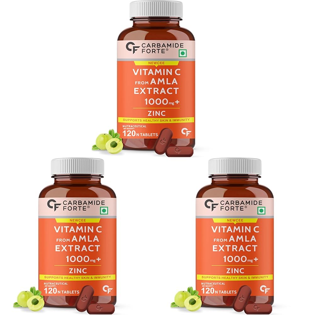 Carbamide Forte Natural Vitamin C Amla Extract With Zinc For Immunity & Skincare - Veg Tablets (Pack of 3 count, 120 capsules)