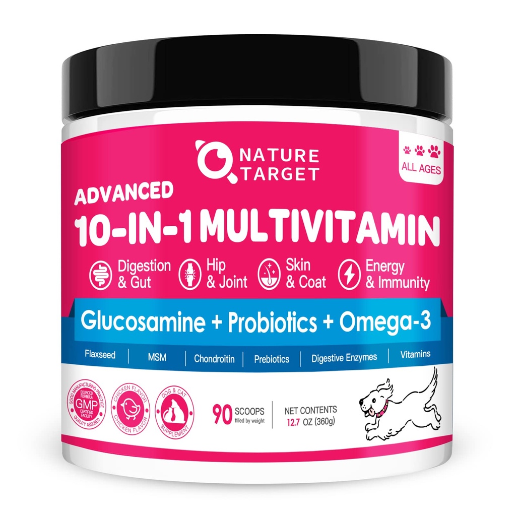 NATURE TARGET Vitamines de chien Poudre, probiotiques et enzymes digestives pour la santé des Guts, Glucosamine & Chondroïtine & Omega 3, Supplément complet pour les aliments maison pour chiens, les articulations et la peau et le soutien immunitaire