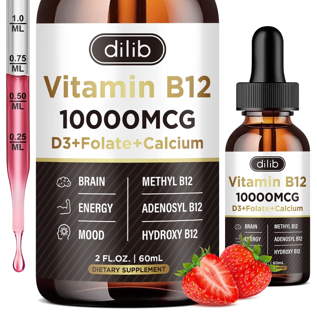 Vitamine B12 Liquid Drops Sublingual 10000 mcg, Triple B-12 Complex Supplement, Methyl & Methylcobalamine Blend for Women & Men, Mood & Energy Booster, Methylated B12 for Metabolisme & Health Support