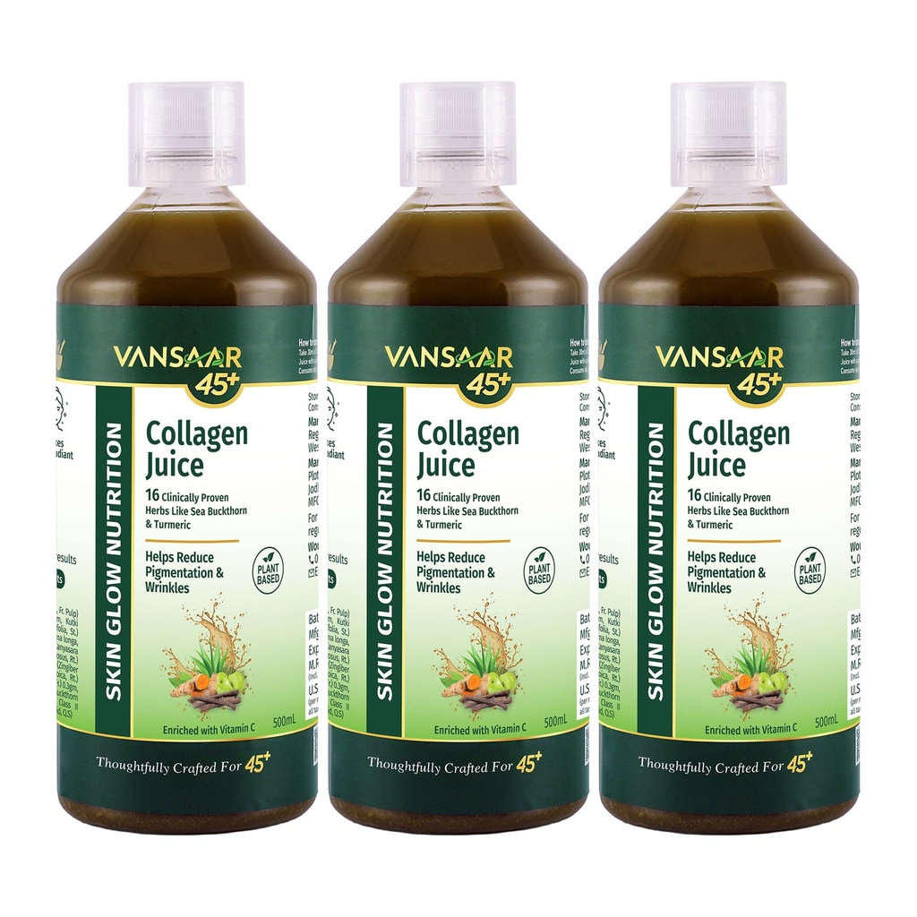 Vansaar 45+ Collagen Juice - 500 ML*3 | Collagen Beauty Supplement for Women & Men with Vitamin C, Amla and Sea Buckthorn | For Healthy Skin & Hair, Anti-Aging | 100% Plant-Based Collagen Builder