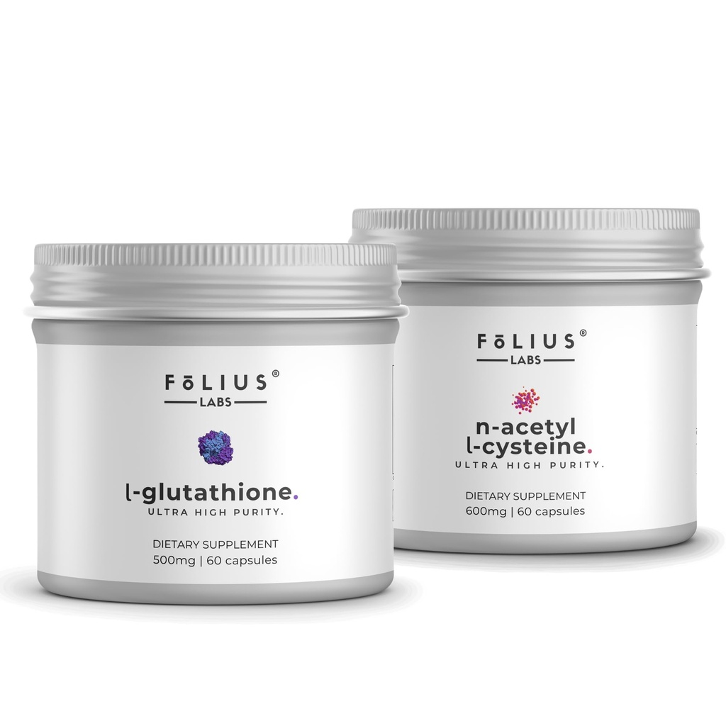 FOLIUS LABS Clean Label Ultra High Strength L-Glutathione 98% + N-Acetyl L-Cysteine (NAC) Combo | For Glowing Skin, Lungs and Respiratory Support - 60+60 Capsules