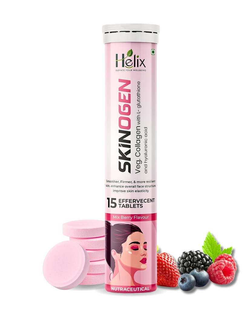 Helix SKINOGEN Veg Collagen Effervescent Tablets for Glowing Skin & Radiance | Skin Brightening & Anti-Aging Formula with L-Glutathione, Hyaluronic Acid, Resveratrol, Lycopene, Aloe Vera, Rosehip & Vitamin E | Mix Berry (15 count (Pack of 1), Mix Berry Flavor)