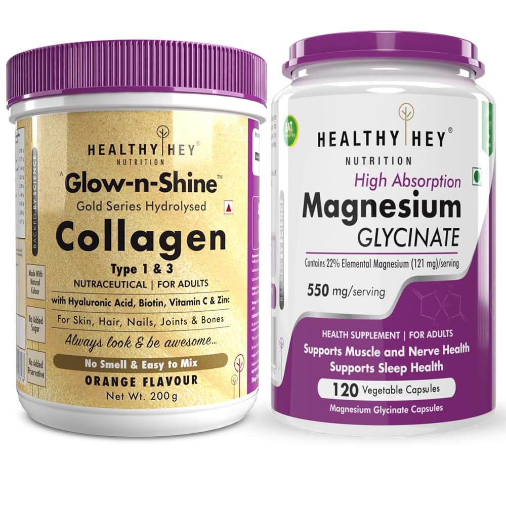 HealthyHey Nutrition Skin Glow-n-Shine Collagen Powder Orange & Magnesium Glycinate 120