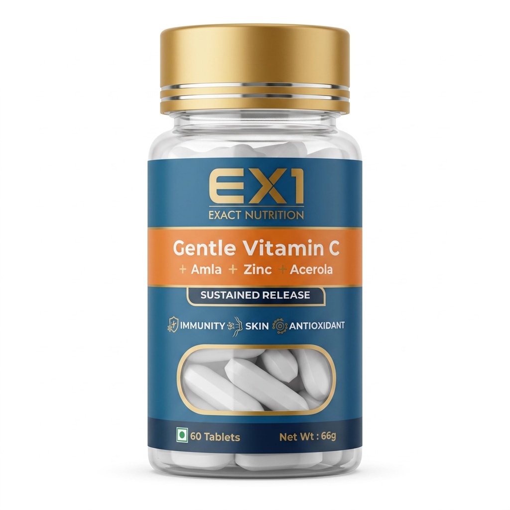 EX1 Natural Vitamin C Tablets with Amla & Acerola | Gentle Sustained Release | 100% RDA Vitamin C Supplement and Zinc Supplements for Men & Women | for Immunity, Skin & Antioxidant | 60 Veg Tablets