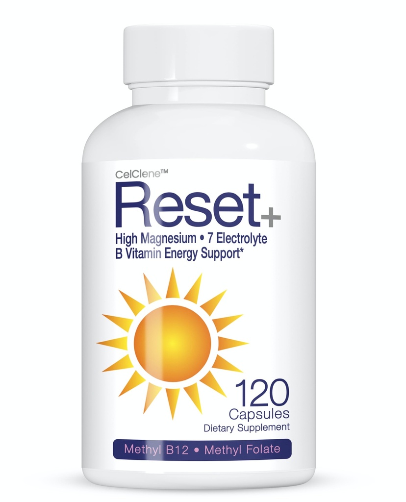 Reset+, 7 energieelektrolyten, hoge methyl-B12, methylfolaat, roze zout, hoge magnesium, super B complex, groene thee en groene koffie extracten, biotine, zink, 72 sporen mineralen