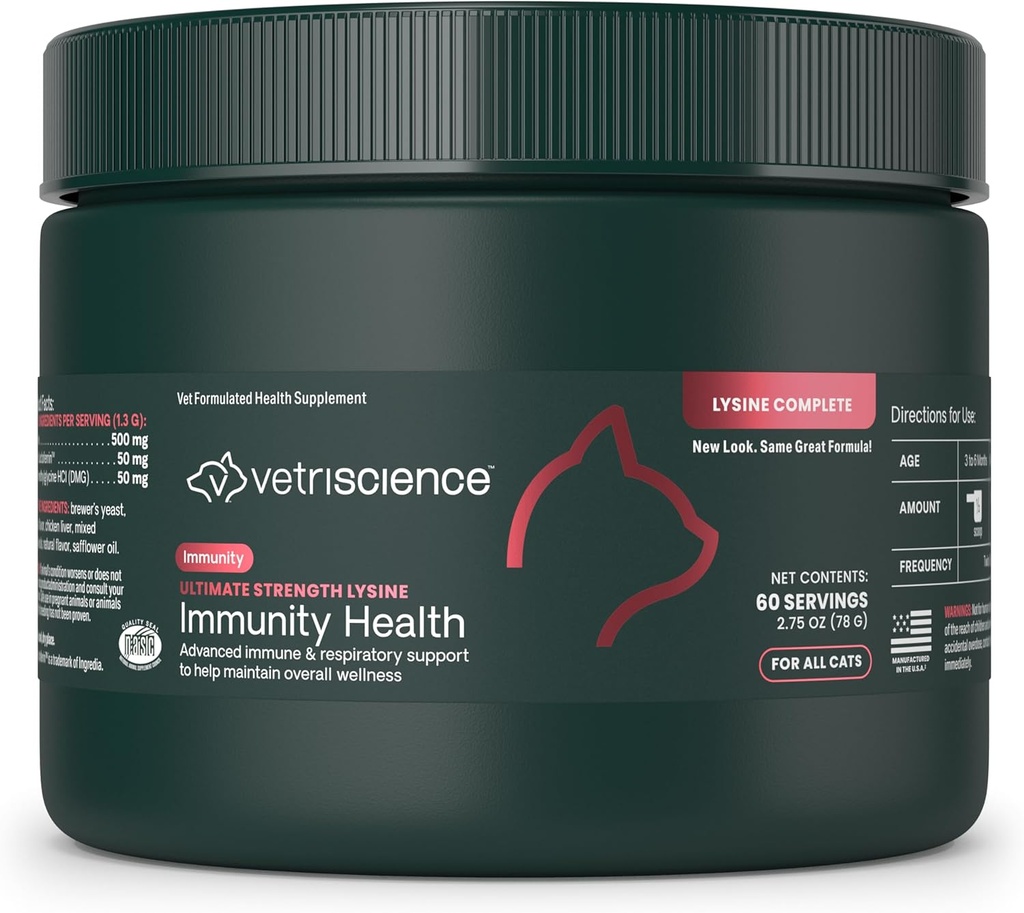 VetriScience Ultimate Strength Lysine Immunity Health Powder for Cats & Kittens, Supplement for Allergie & Nasal Support, Sneezing, Runny Nose & Watery Eyes, Chicken & Cheese Flavor, 60 Count -New Look