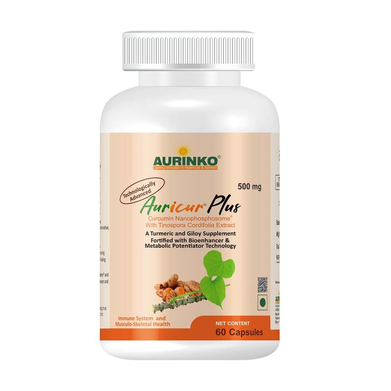 Auricur Plus –Curcumin Nanophosphosome 210 mg with Tinospora Cordifolia Extract 100 mg, Fortified with Turmerone, Piperine and Cuminum Cyminum by Aurinko Healthcare - 60 Capsules
