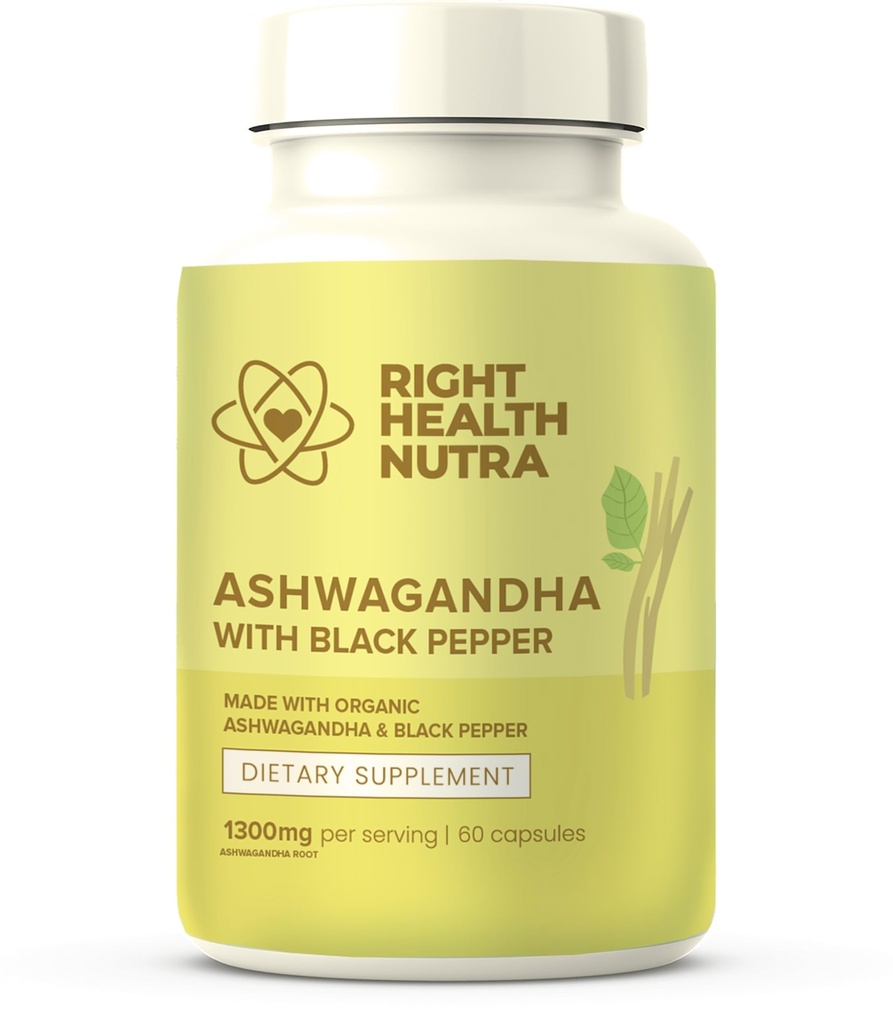Rechts Gezondheid Nutra Ashwagandha Capsules - 60 Tel - 1300mg Per Serving - Ashwagandha voor mannen en vrouwen met zwarte peper voor maximale absorptie - Supplementen Made in The USA