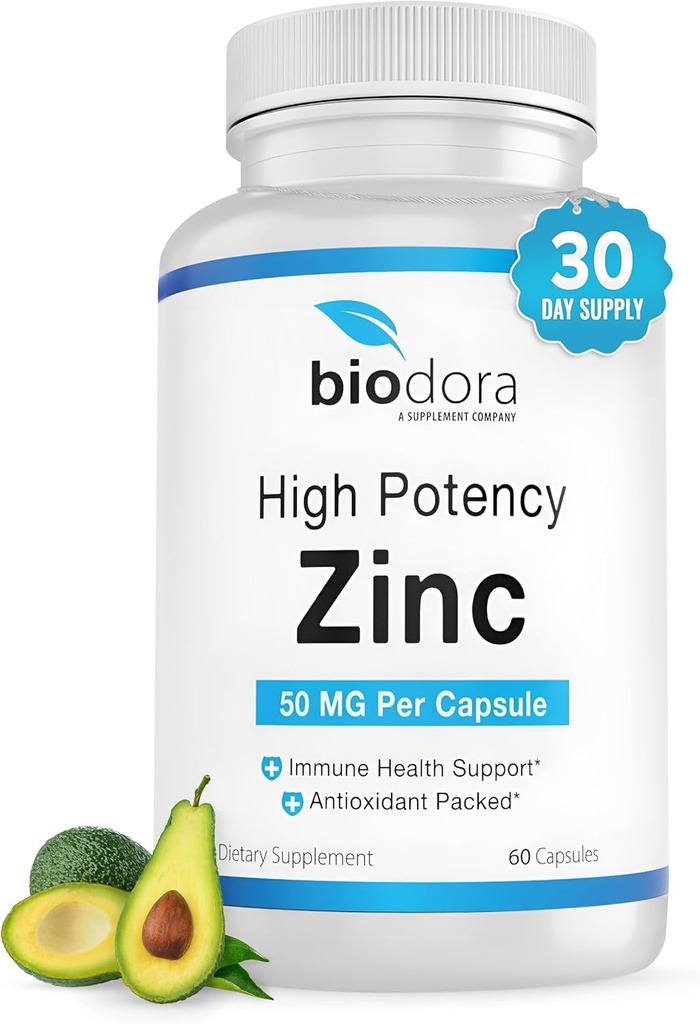 Zink Hoge Potentie, Geen GGO, Vitaminen voor Goede Huid, Immuun Ondersteuning Supplement & Antioxidant, Veganist, 50mg per porties, 60 Capsules, Niet gearomatiseerd
