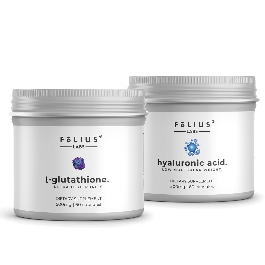 FOLIUS LABS Clean Label Ultra High Strength L-Glutathione 98% + Low Molecular Weight Hyaluronic Acid Combo | Skin Supplement For Women and Men - 60+60 Capsules