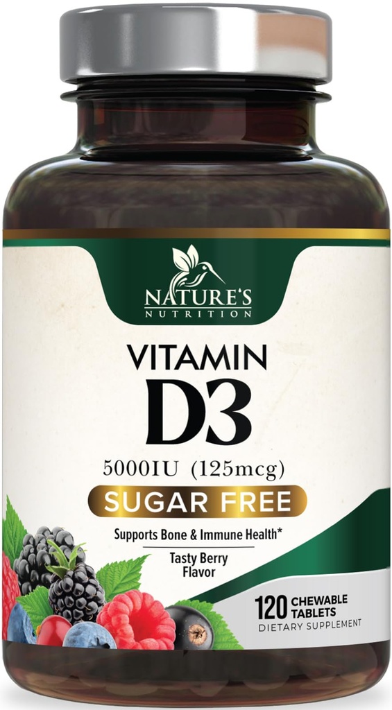 Vitamine D3 5000 IE (125 mcg) Extra sterkte Vitamine D supplement van de natuur Kauwbaar voor Immune Support Health - Bone, Teeth and Muscle Supplements - Sugar Free, Non-GMO, Gluten Free - 120 Tel tabletten