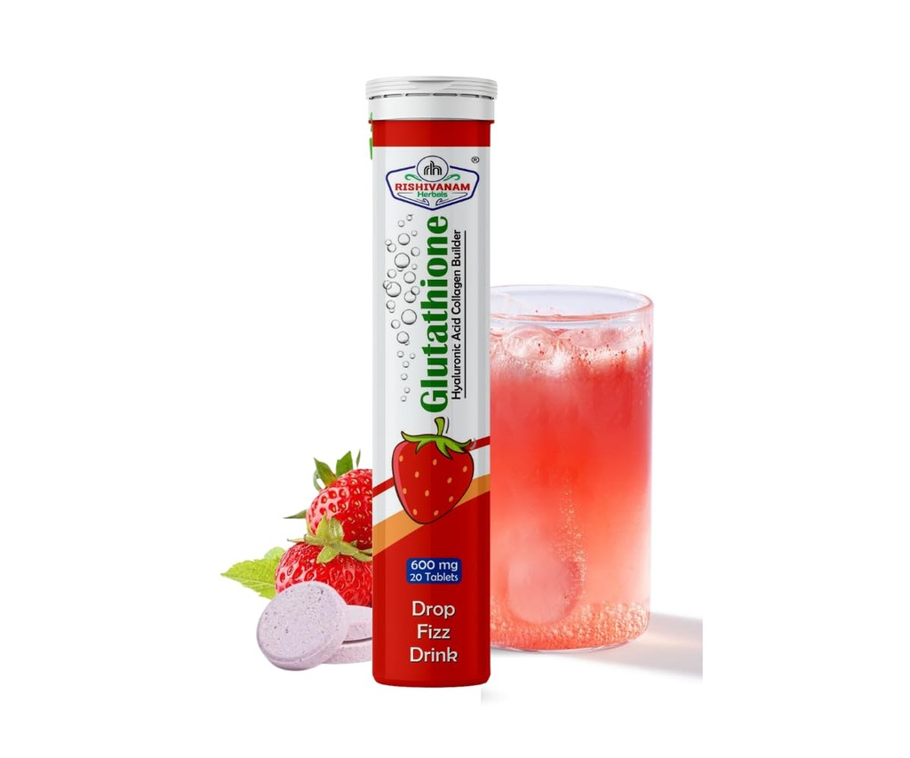 Glutathione Fizz Drink Tablets, Strawberry Flavor, 600mg, 20 Effervescent Tablets, Drop and Dissolve Formula