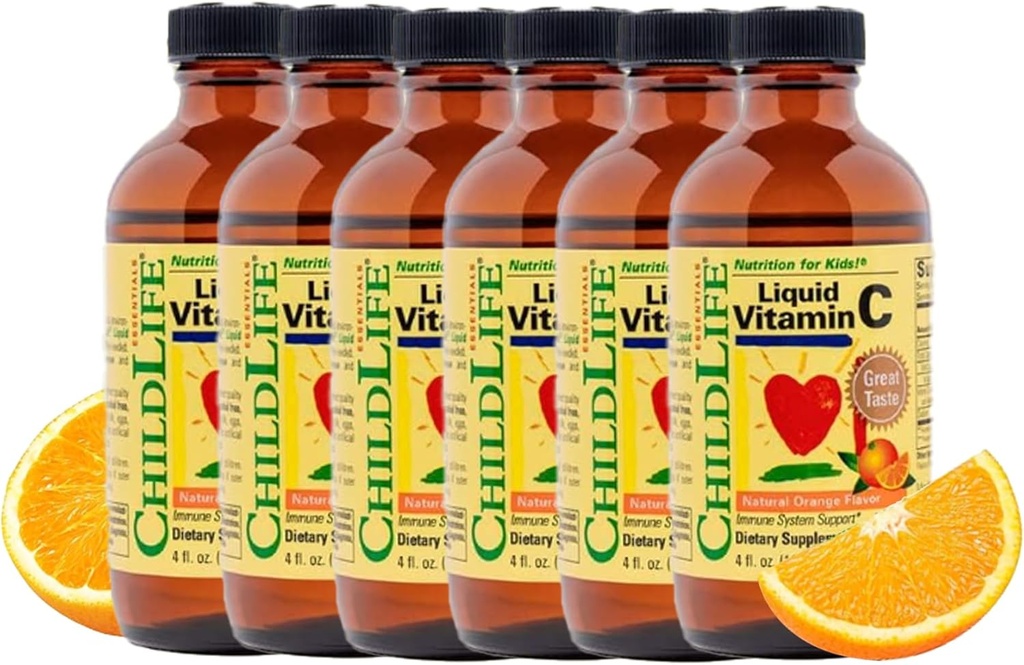 CHILDLIFE ESSENTIALS Vloeibare Vitamine C - Pure Vitamine C Liquid Supplement voor kinderen, Immuunsysteemondersteuning, Grote Smaak - Natuurlijke Oranje Smaak, 4 Fl Oz (pakket van 6)