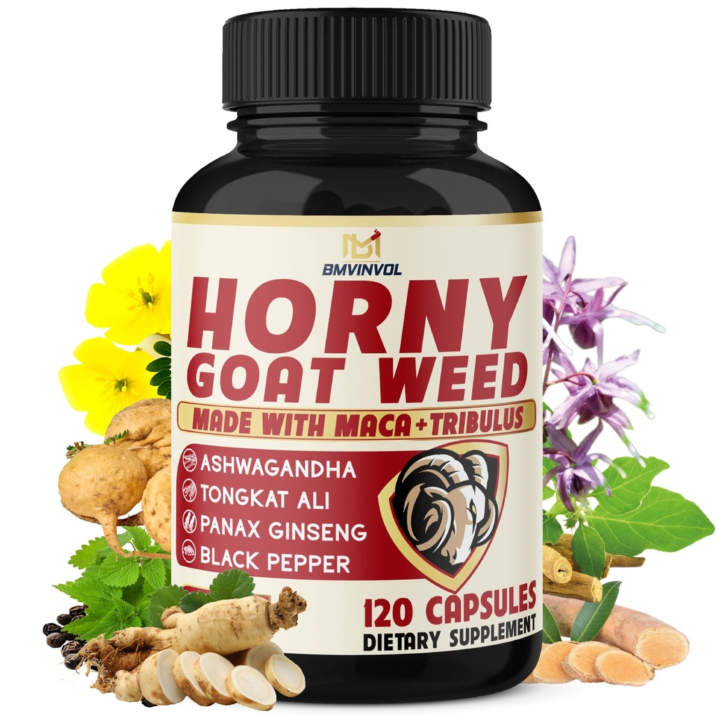 BMVINVOL Geile geitenkruid voor mannen en vrouwen met Maca, Tribulus, Ginseng, Ashwagandha, Tongkat Ali - 120 capsules voor 4 maanden levering