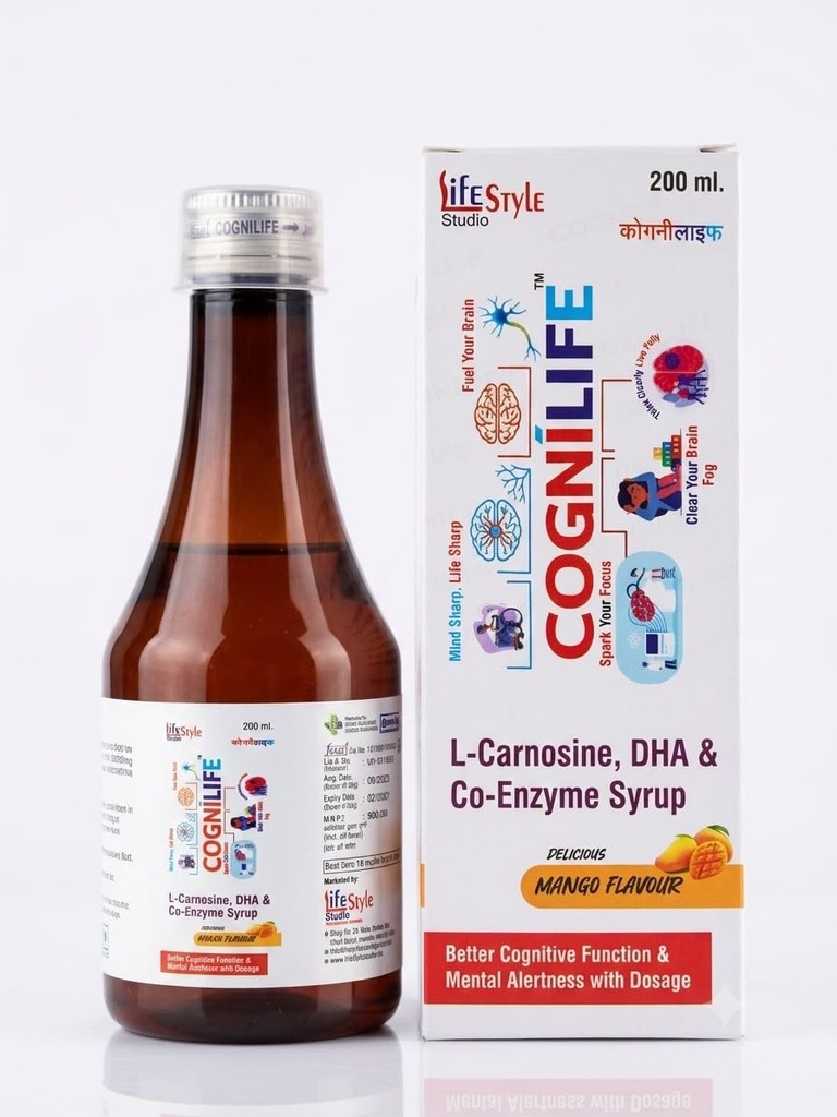 Cognilife Syrup 200 ml | L-Carnosine, DHA & Co-Enzyme Syrup | Mango Flavour Nutraceutical Supplement for Cognitive & Mental Wellness (Pack of 1)