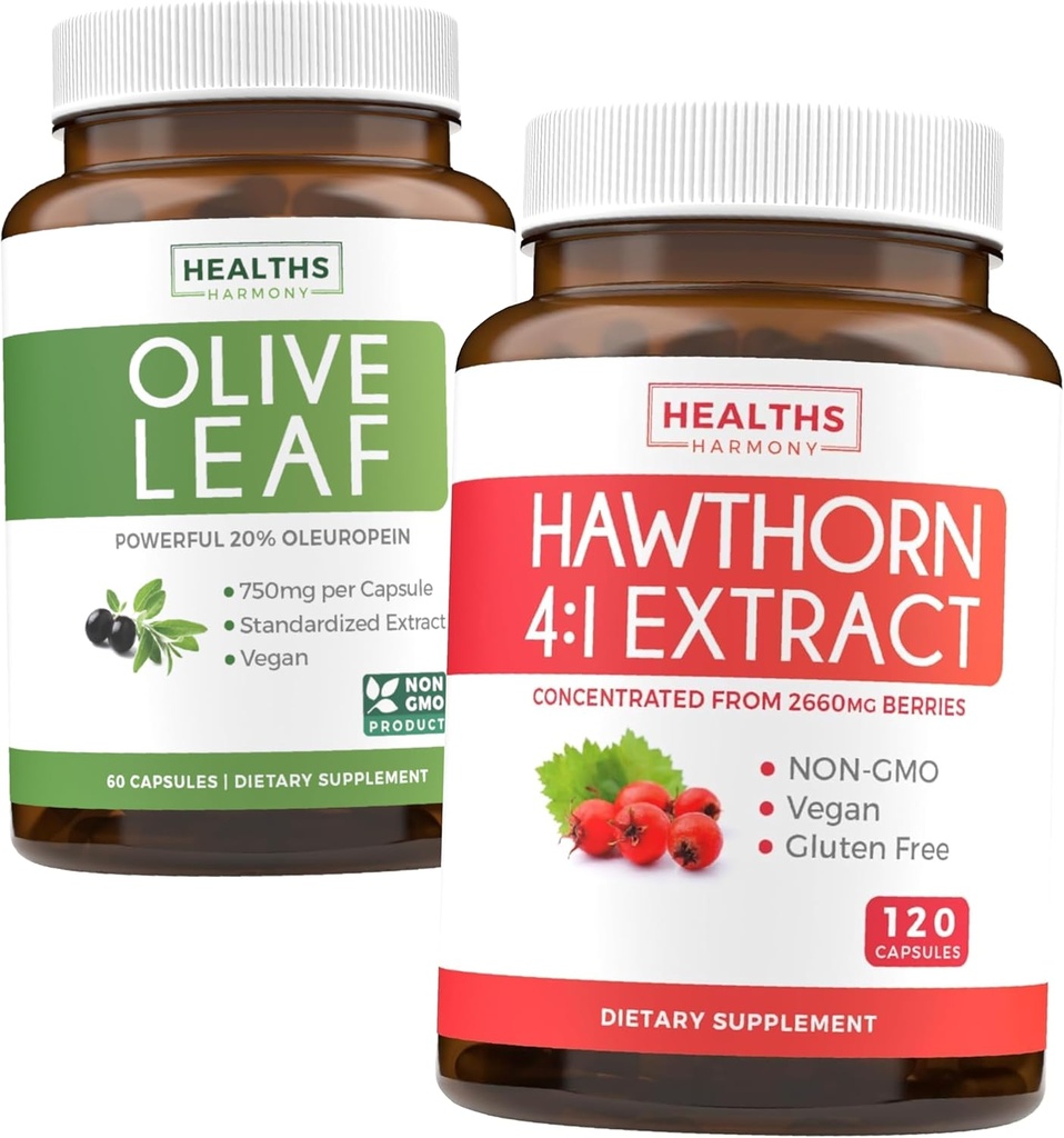 Bundle of Olive Leaf Extract & Hawthorn Berry Extarct - Healthy Herbs Bundle - Olive Leaf Extract with 20% Oleuropein & Hawthorn Berry 4:1 Extract - Concentrated from 2660mg Frisse Bessen (120 Caps)