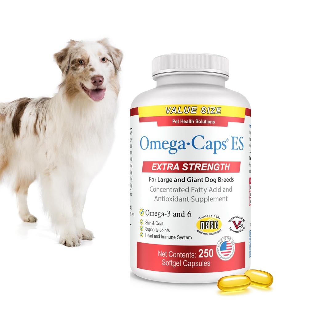 Omega-Caps ES voor grote en reuzenhonden - Omega 3, Vitaminen, Mineralen, Antioxidanten - Ondersteuning immuunsysteem, gewrichten, hart en hersenen - 250 Softgel Capsules