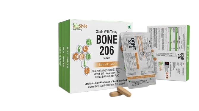 Bone 206 Tablets | Calcium Citrate, Vitamin D3, Vitamin B12, Magnesium, Zinc & Omega-3 (ALA) Nutritional Supplement | Vegetarian Formula | 30 Tablets (3 Strips x 10) (Pack of 1)