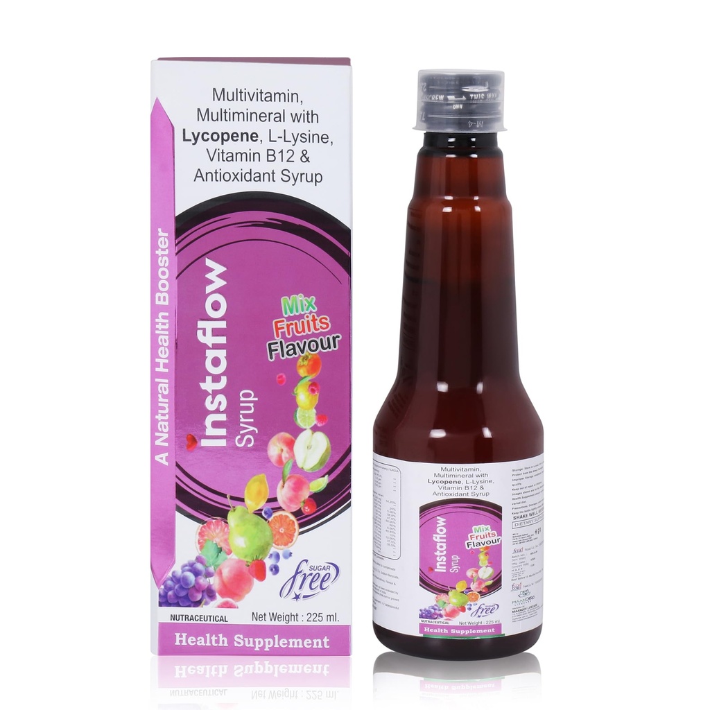 Instaflow Sugar-Free Multivitamin Syrup | With Vitamin B12, Lycopene & L-Lysine | Mixed Fruit Flavour | Best B12 Supplement for Energy & Immunity | 225 ml