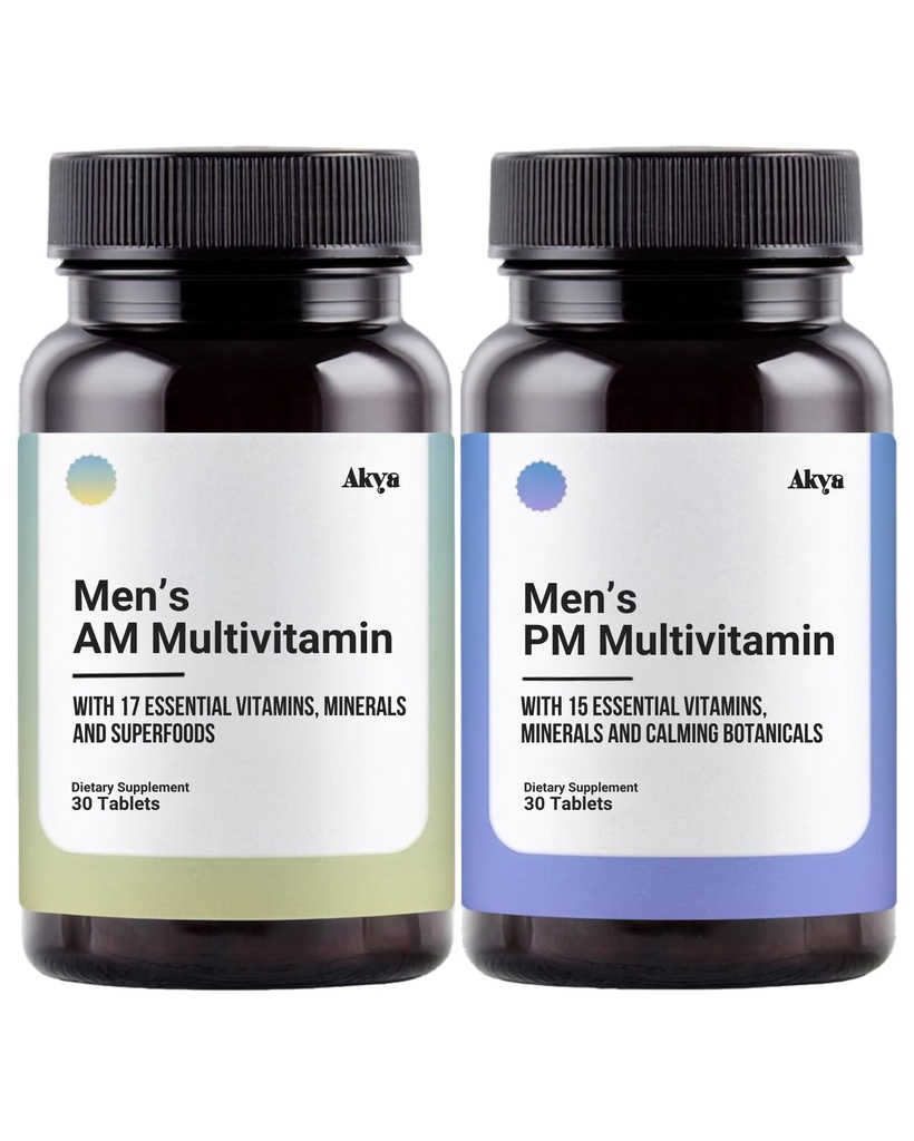 AKYA Men’s Daily Multivitamin AM & PM Formula | Ashwagandha, L-Cartinine, Magnesium | Energy, Stamina & Muscle Recovery Support for Active Men | 60 Total Tablets (30 AM + 30 PM) | Pack of 1
