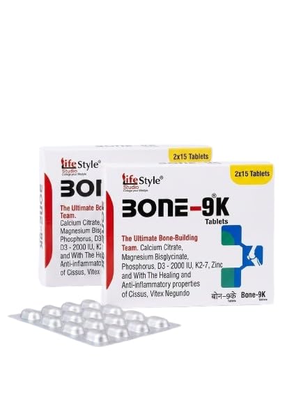 Bone-9K Tablets | Calcium Citrate, Vitamin D3, Vitamin K2-7, Magnesium Bisglycinate, Phosphorus & Zinc Nutritional Supplement | 15 Tablets per Strip | Vegetarian Formula (Pack of 1)