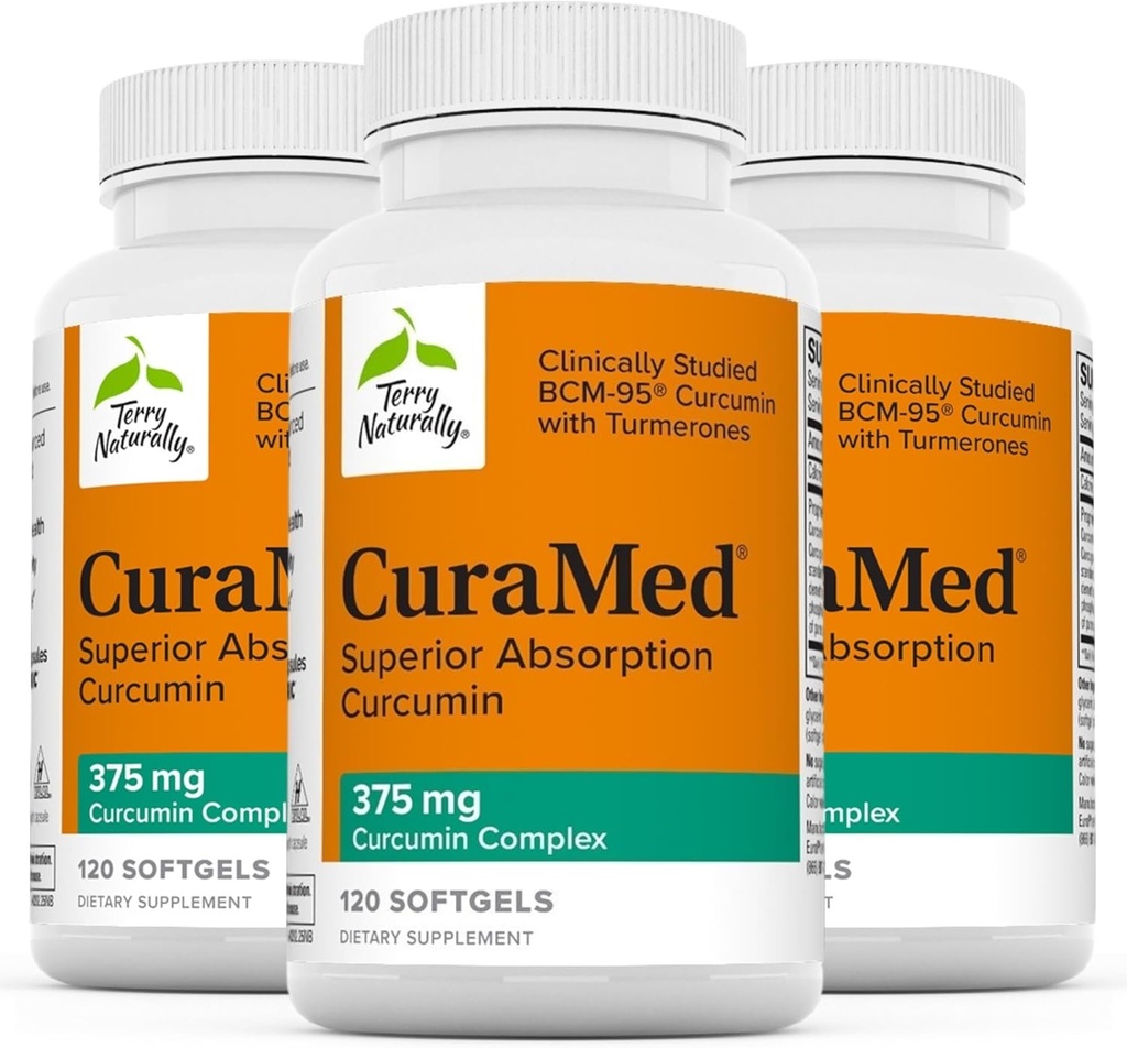 Terry Naturally CuraMed 375mg - Antioxidant supplement voor hersenen & Immune Health Support - Dieetsupplement met Curcumine & Turmeric Essential Oil - Herbal Liver Support - 120 Softgels (pakket van 3)