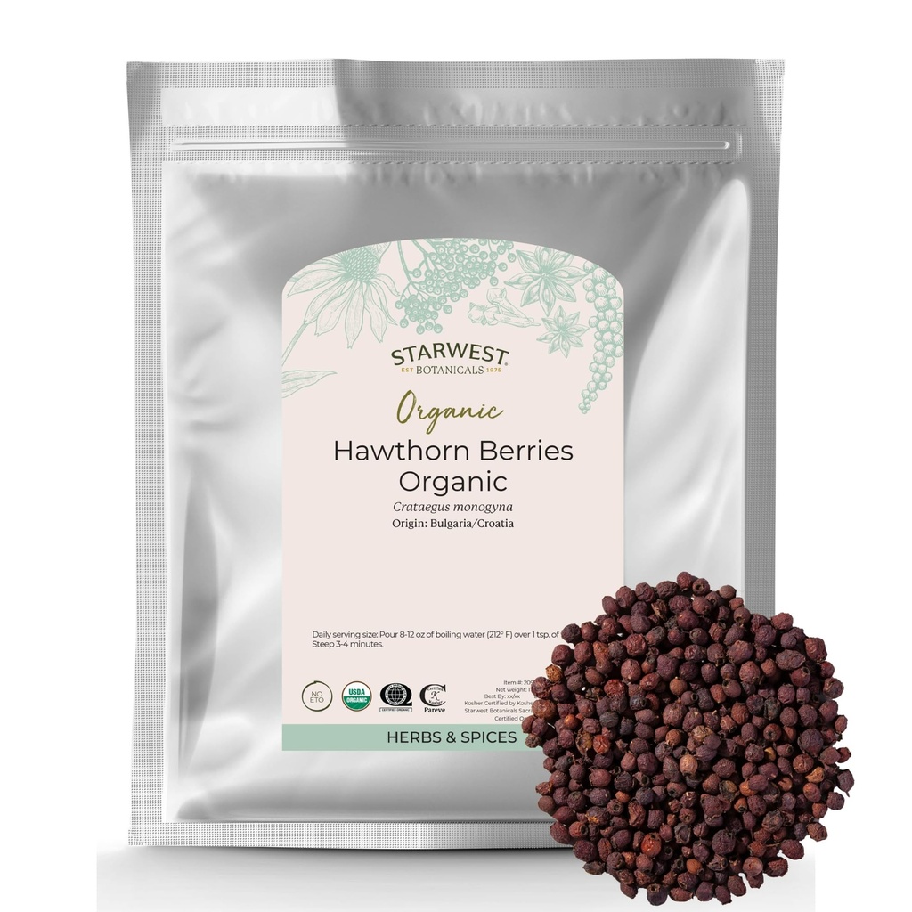 Starwest Botanicals Organic Hawthorn Berries Whole - Dried Loose Leaf Herb for Tea, Jam, & Herbal Extracts, Natural Digestion Support, Certified Kosher, Non-GMO - Bulk 1 lb Bag