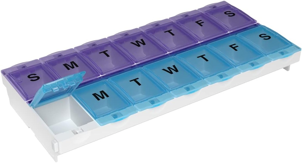EZY DOSE (14-Day) AM/PM Pill Case, Medicine Planner, Vitamine Organizer Box, 2X-Large Locking Compartments to Secure Prescription Medication and Prevent Accidental Spilling, Color May Vary, BPA Free