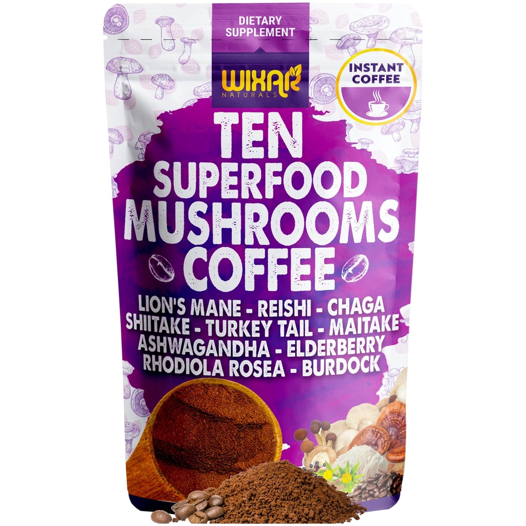 WIXAR Superfood Mushroom Koffie - Instant Coffee Powder, Tien Superfood Extracten met Lion's Mane, Turkije Tail, Reishi, Chaga, Shiitake, Ashwagandha, Rhodiola Rosea, Vlierberry, 5oz Mushroom Supplement