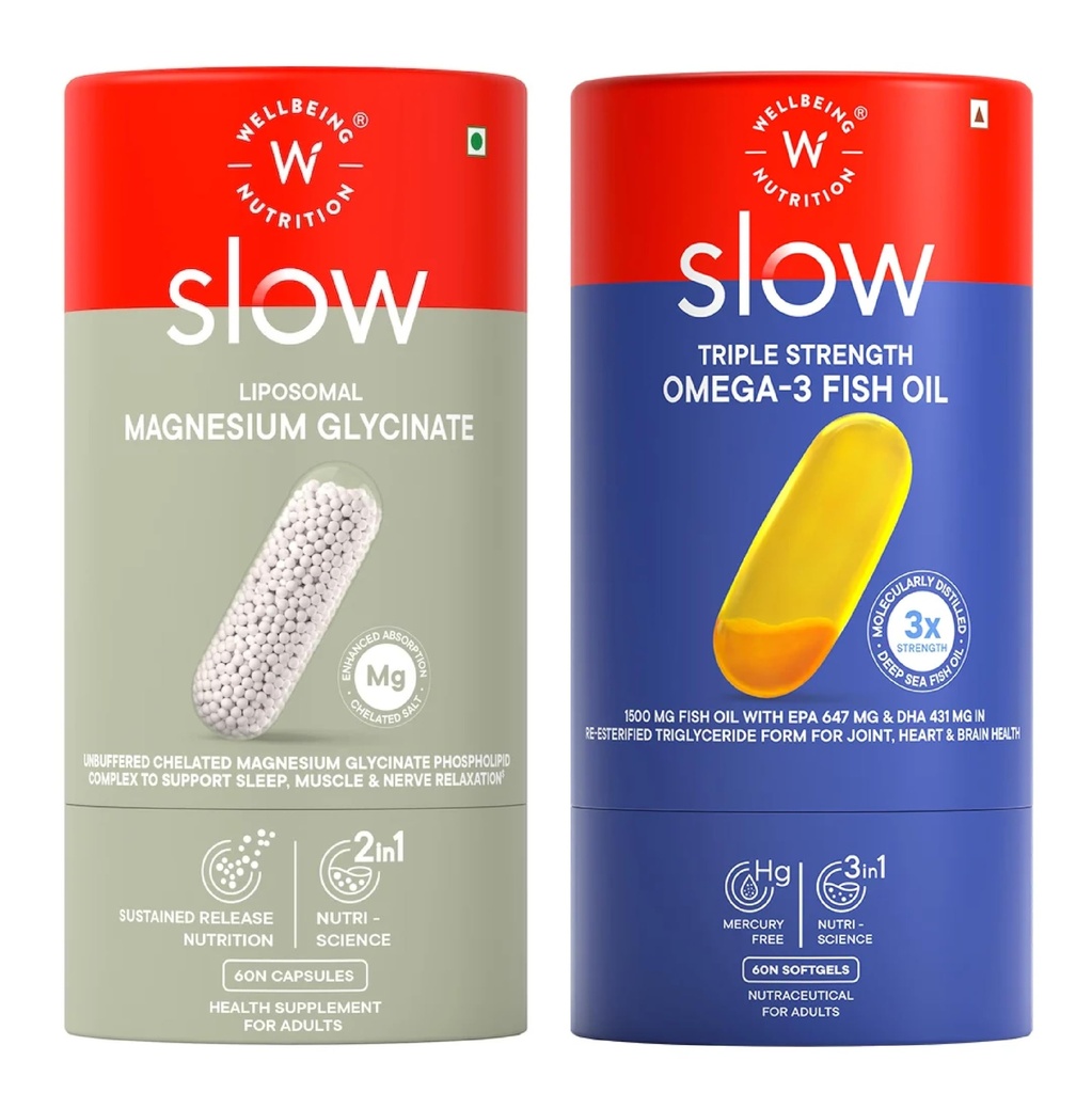 Wellbeing Nutrition Liposomal Magnesium Glycinate 1490mg, 200mg Elemental Magnesium, 60 Capsules + Slow 3X Strength Omega 3 Fish Oil 1500mg with EPA 612mg, DHA 408mg & Curcumin, 60 Softgels