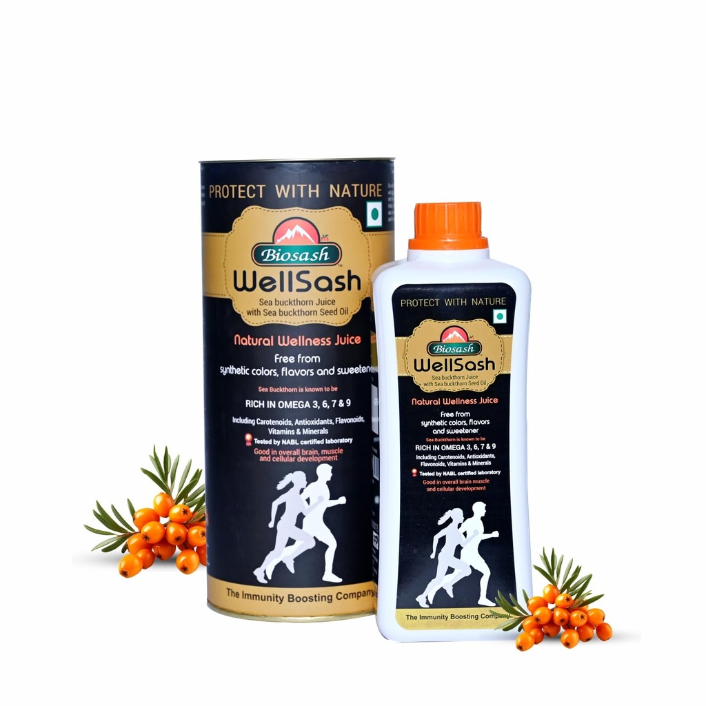 Biosash Himalayan Wellsash Sea Buckthorn Juice with Seed Oil 250ml | Cold-Pressed Organic Antioxidant | Detox Drink & Immunity Booster | No Sugar | Makes 50 Glasses | for Skin, Heart, Brain, Liver
