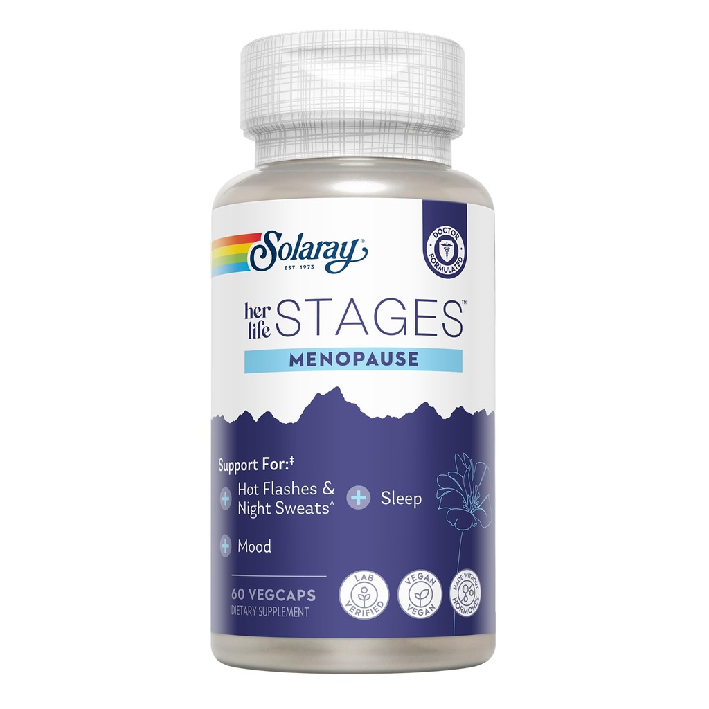SOLARAY Menopauze haar leven stadia - Menopauze supplementen voor vrouwen - Ondersteunt Mood, Slaap, Hot Flashes, Nachtkleding - Veganistisch, Glutenvrij - 60-dagen garantie - 30 porties, 60 VegCaps