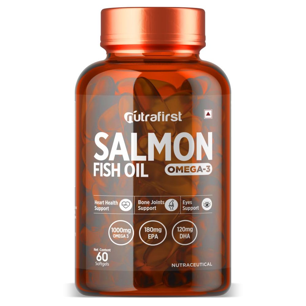 Nutrafirst Salmon Fish Oil Omega-3 Capsules (60 Softgels) (1000mg) | EPA 180mg & DHA 120mg | Supports Heart, Brain, Eye & Joint Health | No Fishy Burps | For Men & Women – Pack of 1