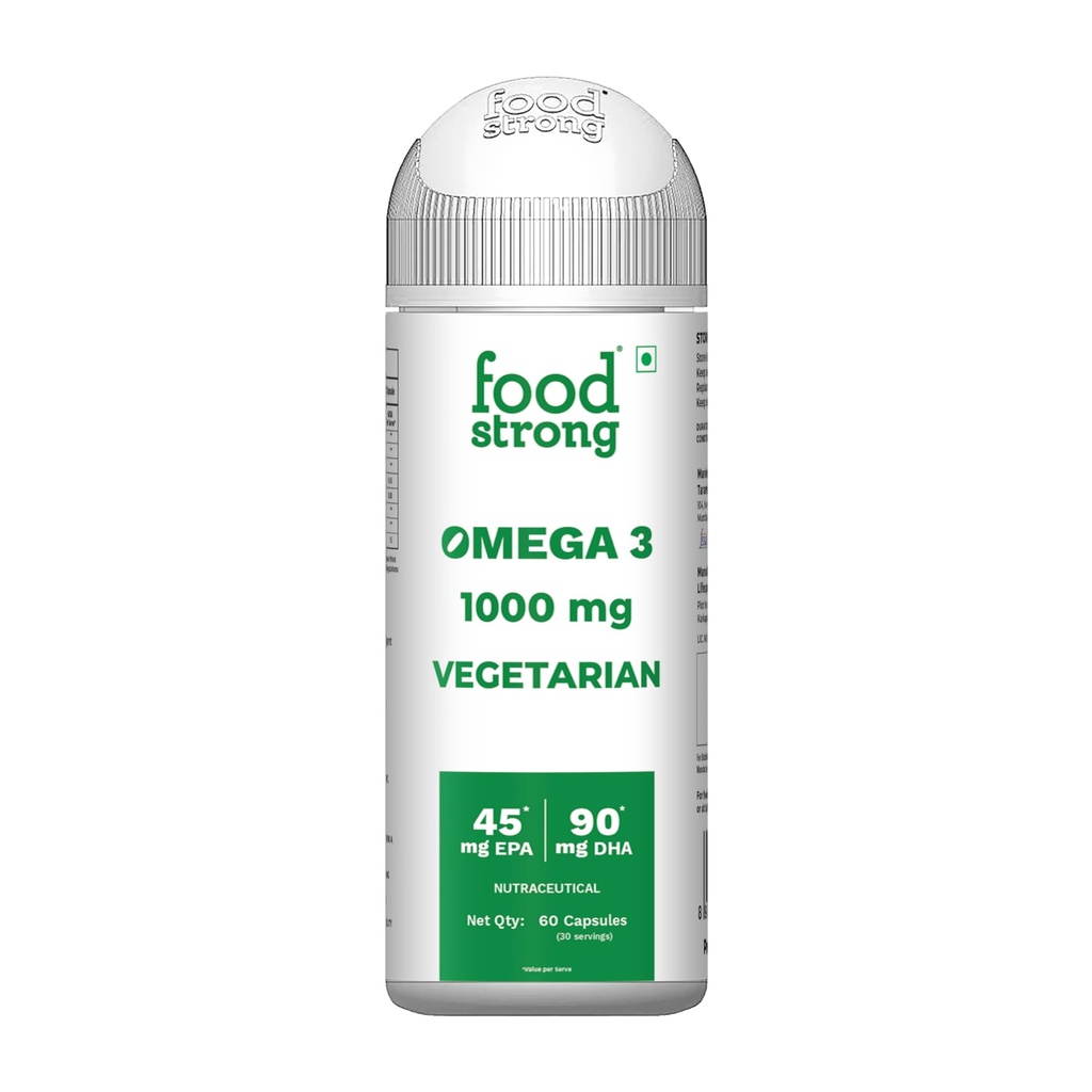 Foodstrong Veg Omega 3 1000mg | Vegetarian Algal Oil with 90mg DHA & 45mg EPA | Heart, Brain & Joint Health | 60 Capsules (30 Servings)