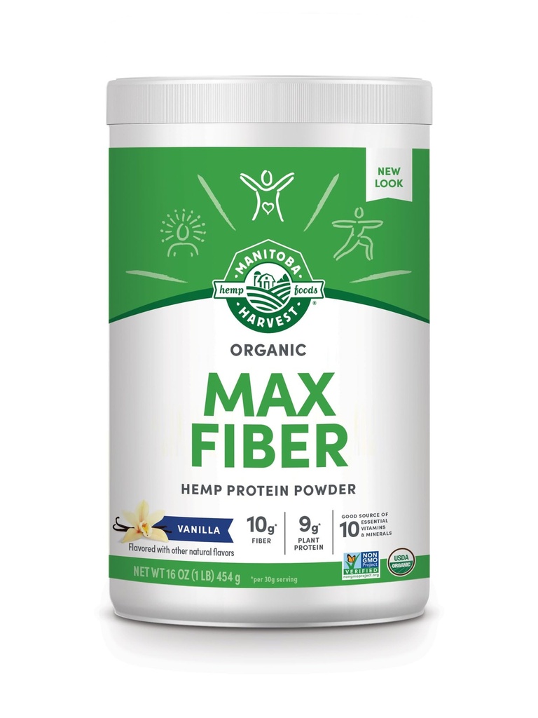 Manitoba Récolte de chanvre Oui Bio Max Fibre Protéine Poudre, Vanille, 16oz, avec 10g de fibre, 9g Protéines et 1.9g Omégas 3 et 6 par portion, sans réserve, sans OGM, emballage Mai Varier