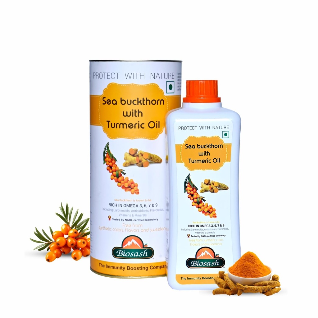 Biosash Sea Buckthorn Juice with Turmeric Oil 750ml | From Certified Organic Berries| Rich in Omega 3 6 9 & Antioxidants | No Added Sugar, Immunity, Herbal, Wellness & Vitality | 150 Serves