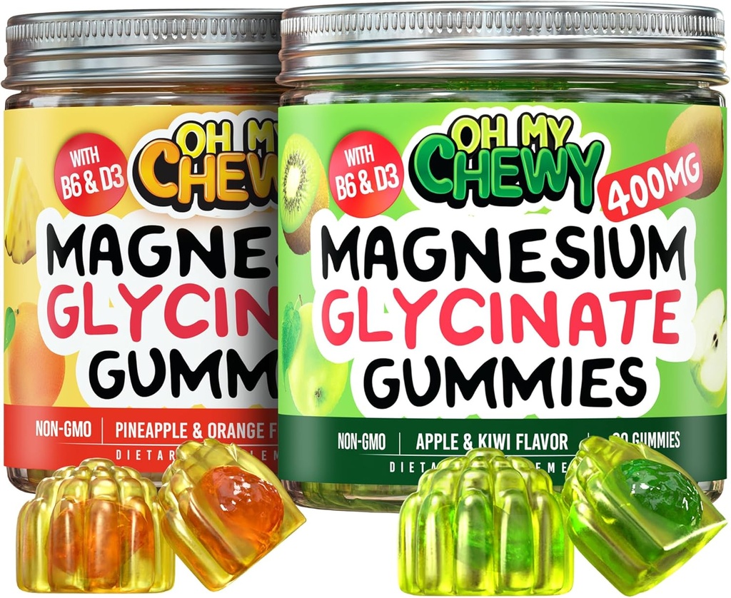 Bundle de Gommies de magnésium – 2 bouteilles (60 chacune) – Pomme Kiwi & Ananas Orange