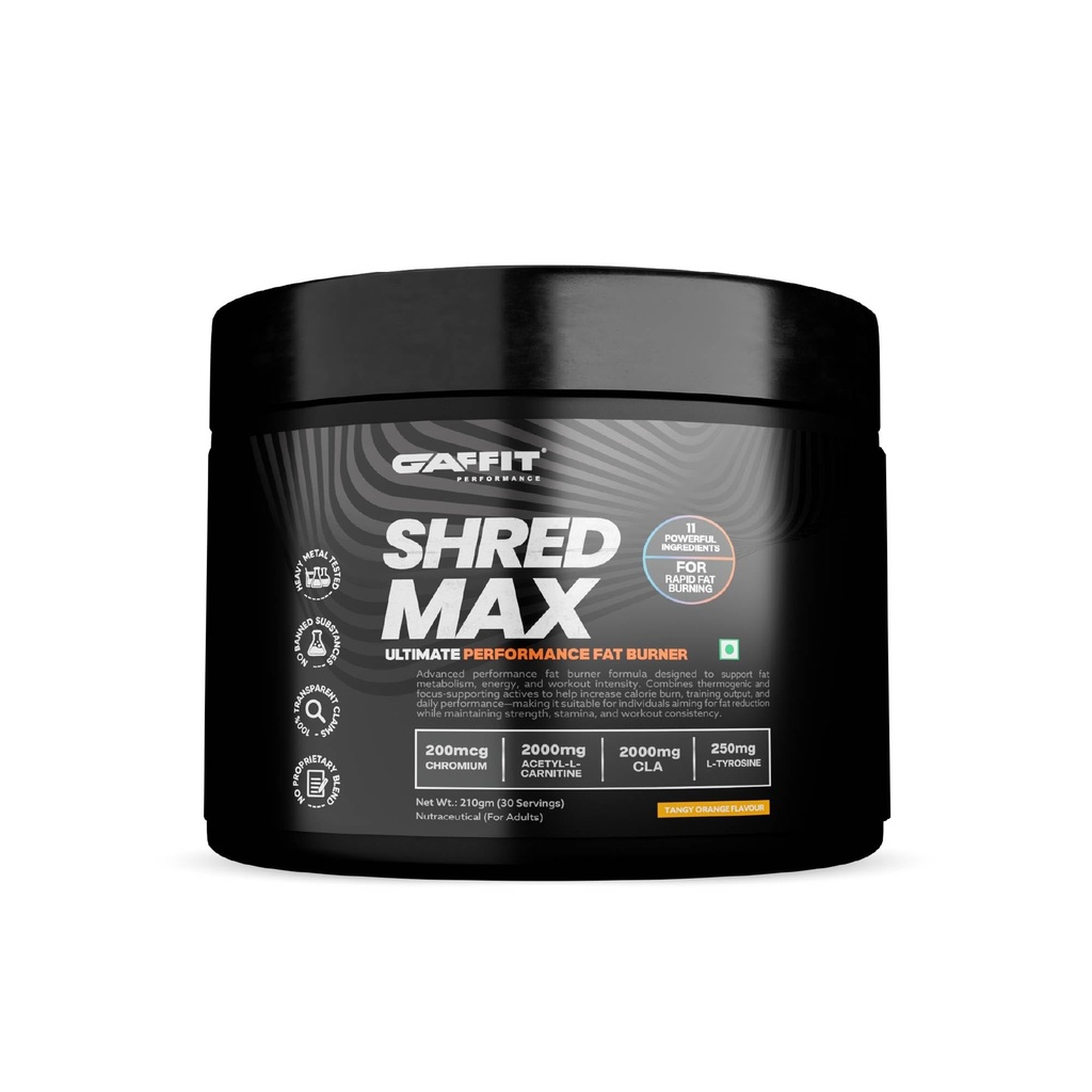 Shred Max Fat Burner – Ultimate Fat Loss Supplement for Men & Women| L-Carnitine, CLA, Green Tea & Caffeine | Zero Sugar, Low Calorie | 30 Servings, 210g | Tangy Orange Flavour