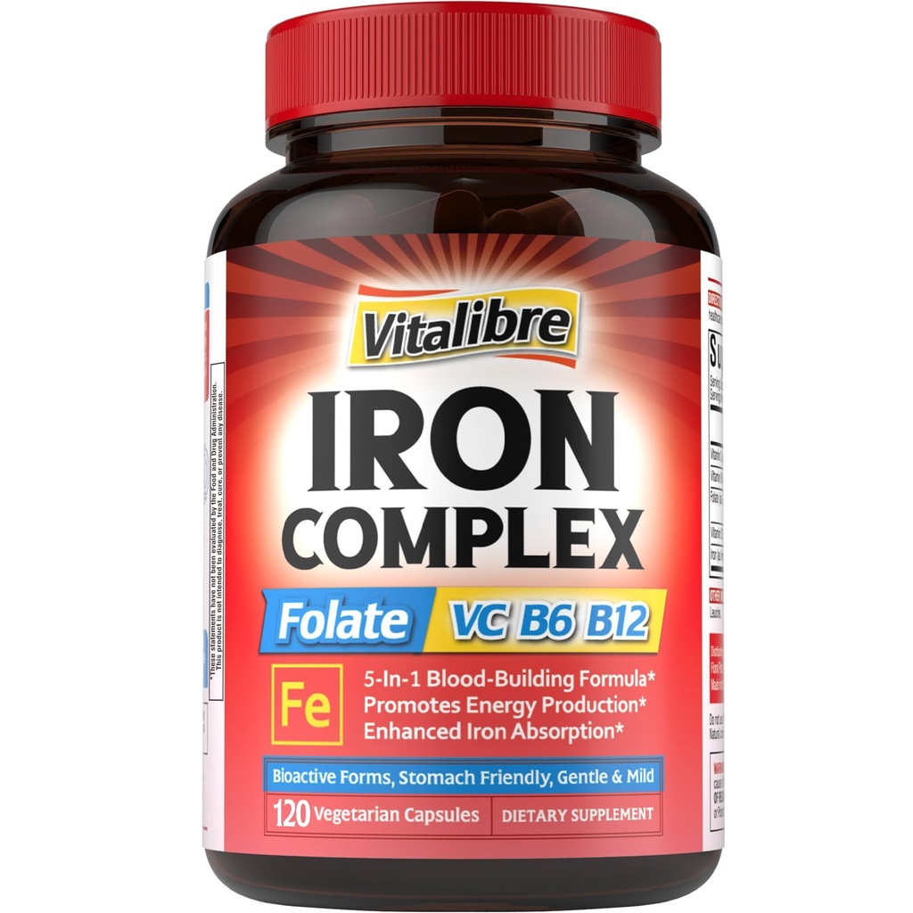 IJzersupplement voor vrouwen en mannen, met vitamine C, B6, B12 & Folaat voor ijzertekort, bloedopbouw en energieondersteuning, maagvriendelijk, betere absorptie, non-GMO, geen gluten, 120 Vegan Caps