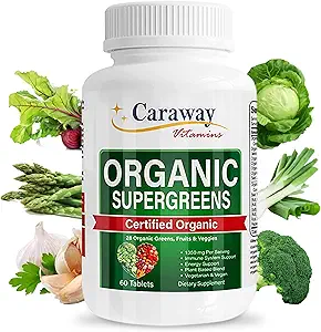 Superaliments biologiques Vitamines Super Greens Complexe par Caraway Vitamines 1 350 mg par portion 28 Fruits Légumes Verts 60 Comprimés de comptage Non-OGM naturel pour les hommes et les femmes