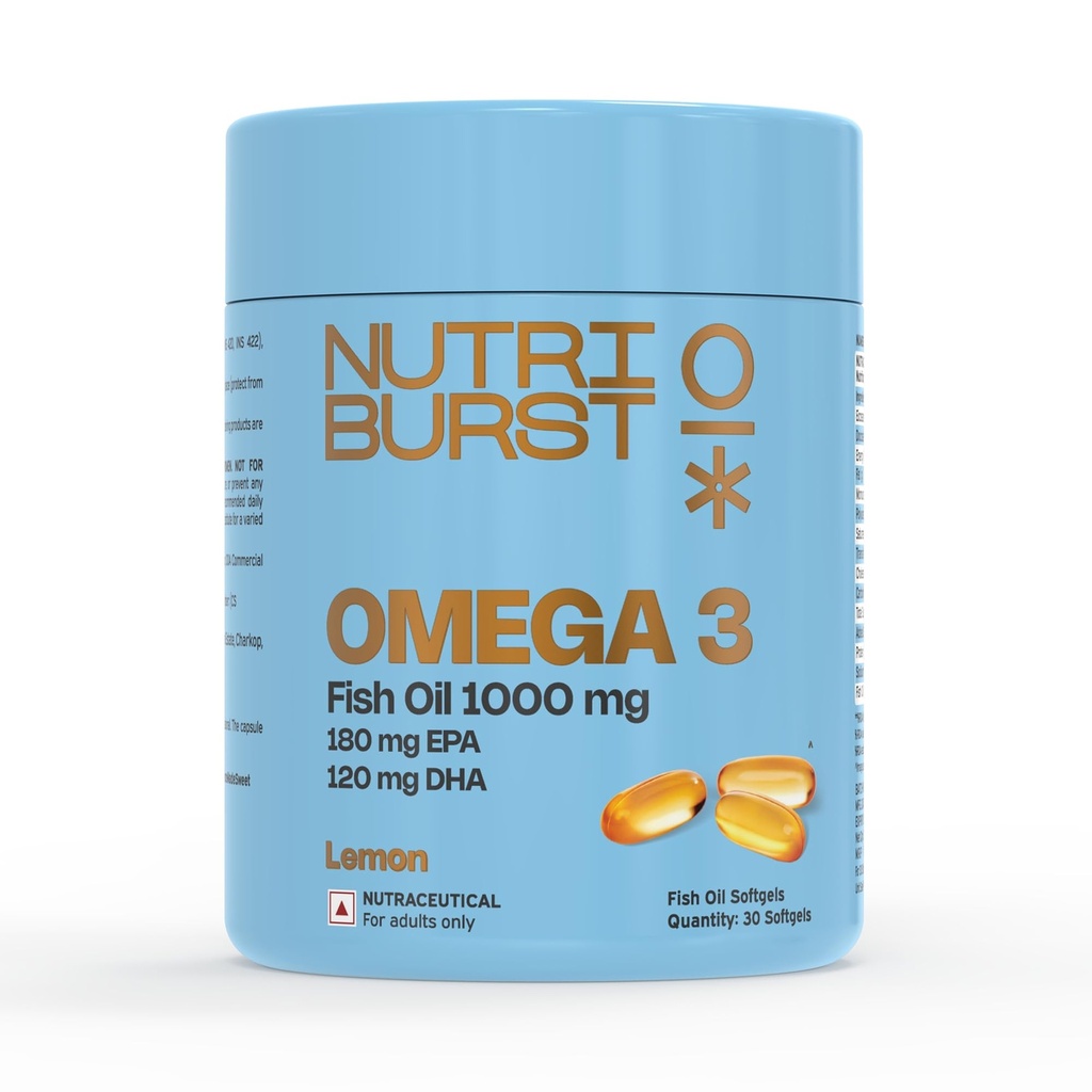 Nutriburst Single Strength Omega-3 Fish Oil Capsules 1000mg | High Strength Softgels for Men and Women | 180mg EPA and 120mg DHA | Omega3 Supplement for Heart, Brain, Skin & Joint Support | 30 Softgels (1-Month Pack) (30 count (Pack of 1))
