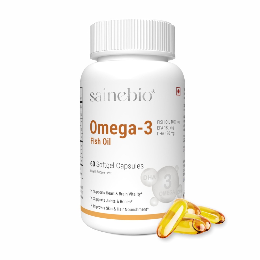Sainebio Omega-3 Fish Oil 1000mg Softgels | 180mg EPA & 120mg DHA | Heart, Brain, Eye & Joint Support | Burp-Free Fish Oil for Men & Women | 60 Softgels