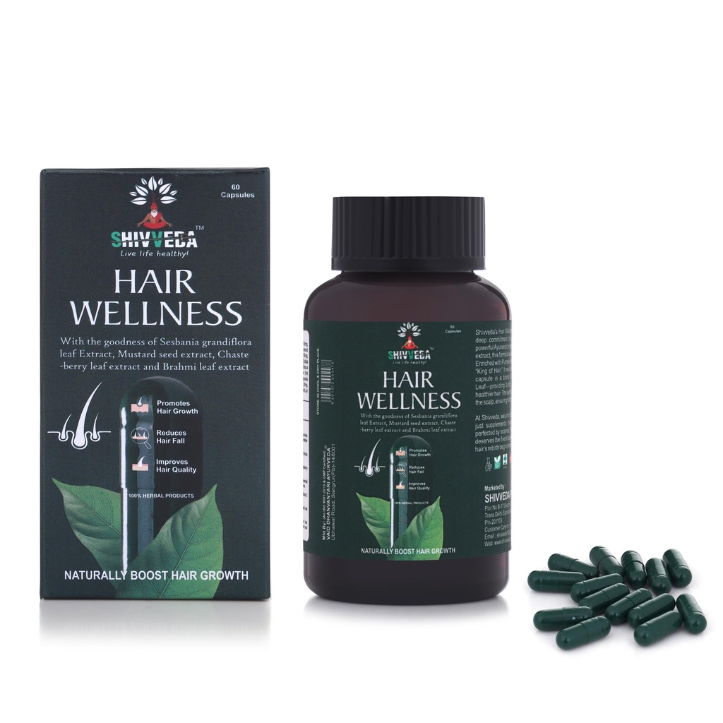 SHIVVEDA Hair Wellness Capsules | Herbal Supplement with Brahmi, Mustard Seed & Chaste Berry Extract | Promotes Hair Strength, Nourishment & Scalp Care | 60 Capsules