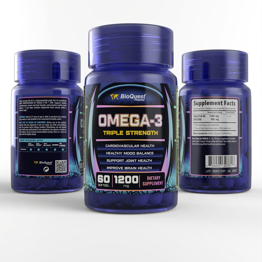 BioQuest Omega-3 Triple Strength Fish Oil, 1200mg, 60 Softgels