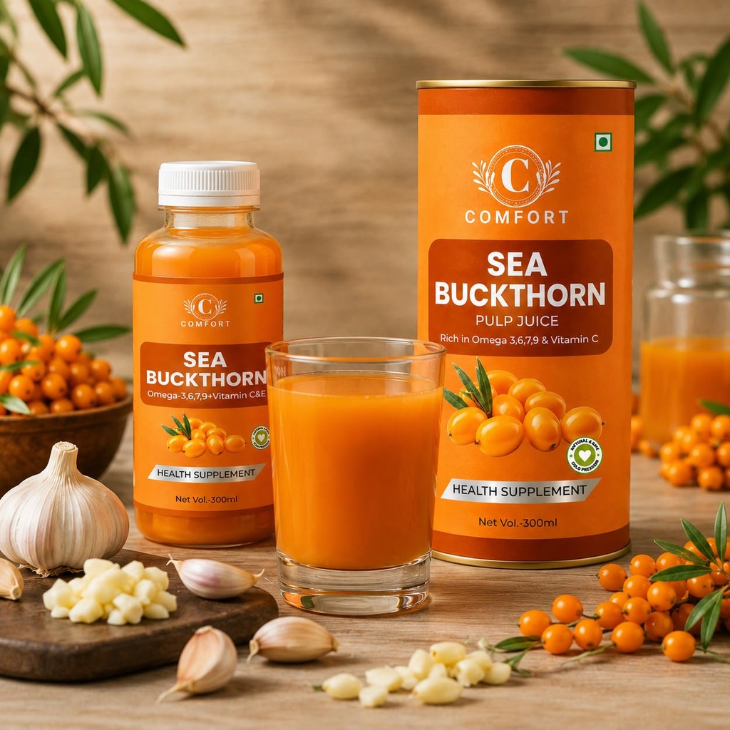 COMFORT Sea Buckthorn Himalayan Pulp,300 ML (PACK OF 1) Concentrate 50 Glasses Made for Your Total Body Care & Wellness Rich in Natural Vitamin C, Omega 3 6 7 9 Antioxidants Immunity, Skin Glow & Gut Health Support For Men & Women Juice Seabuckthorn